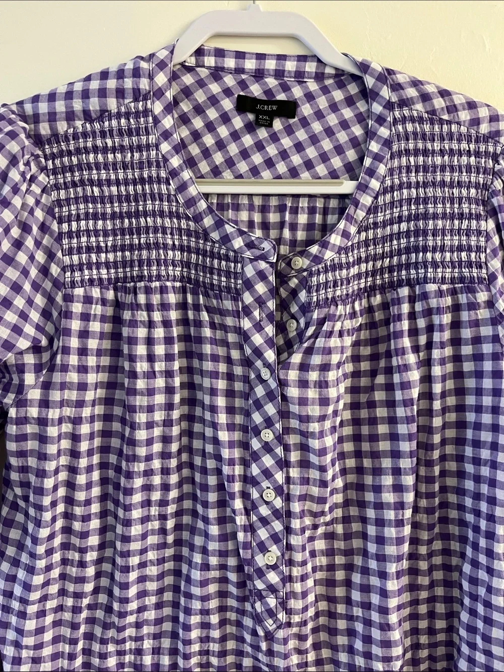 J.Crew Re-Imagined Purple Gingham Smocked Button-Front Women's Top Size XXL